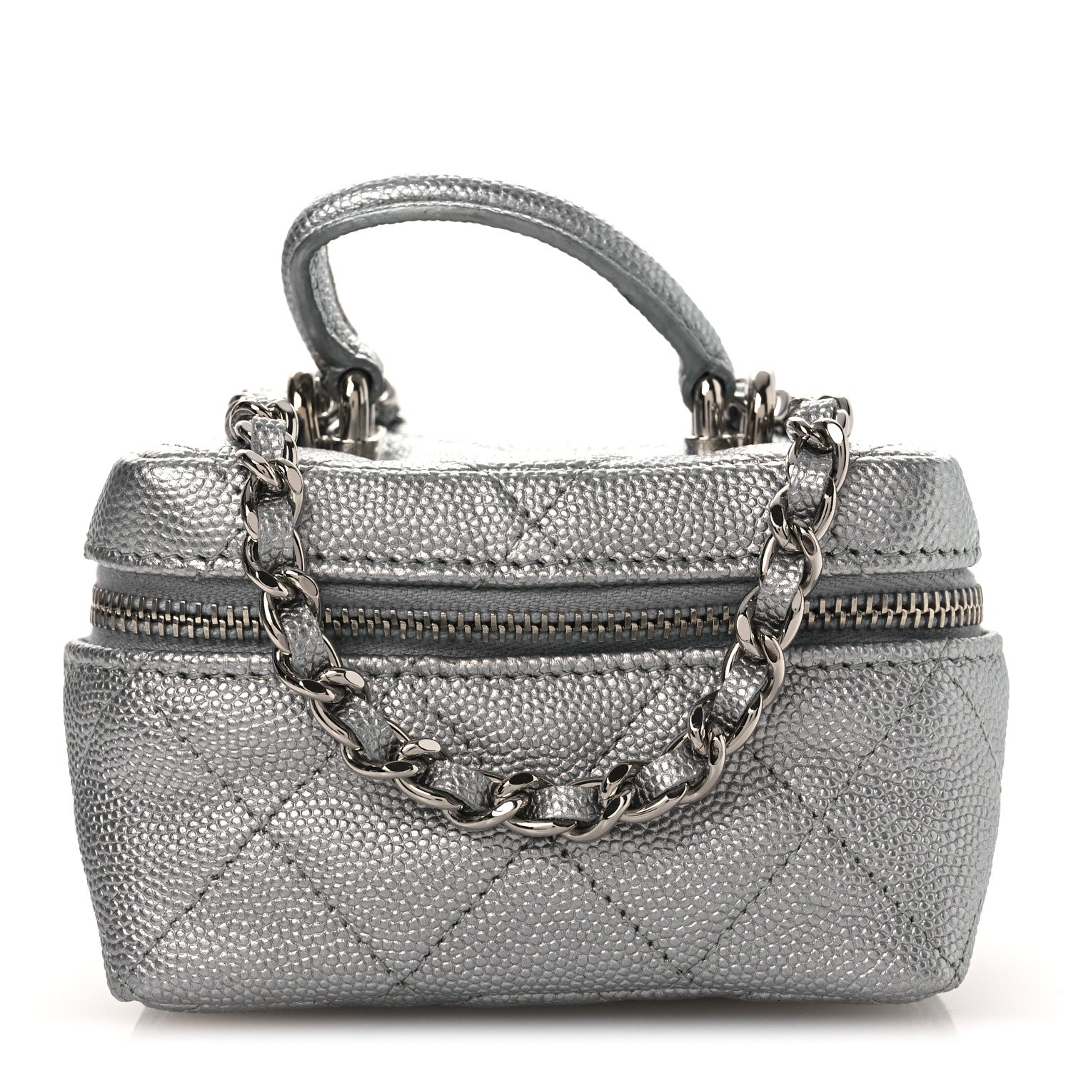 Chanel Metallic Caviar Quilted Mini Top Handle Vanity With Chain Silver