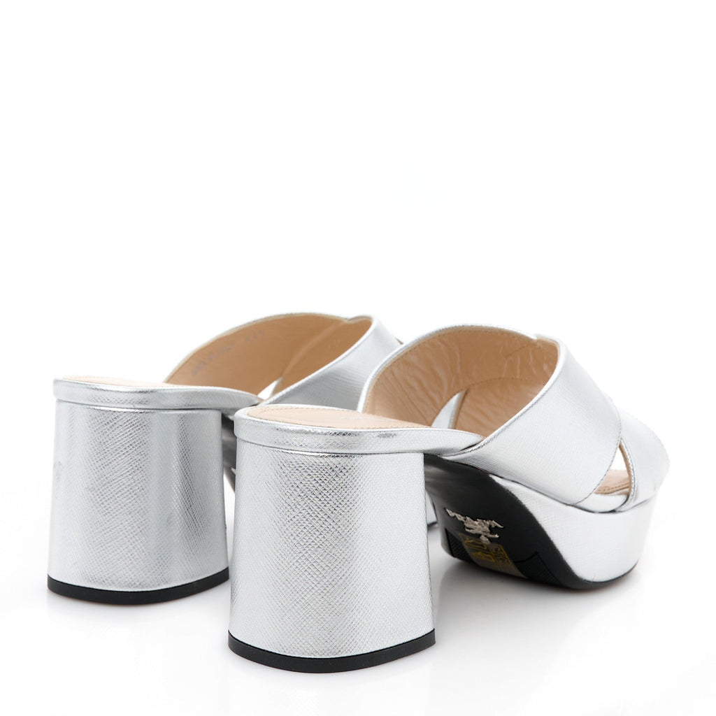 Prada Metallic Saffiano Crisscross Platform Sandals Silver 34.5