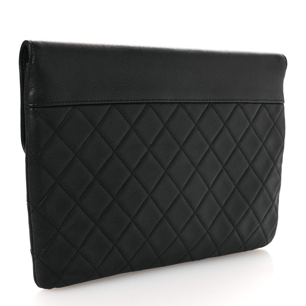 Grained Calfskin Quilted CC Box Pouch Black