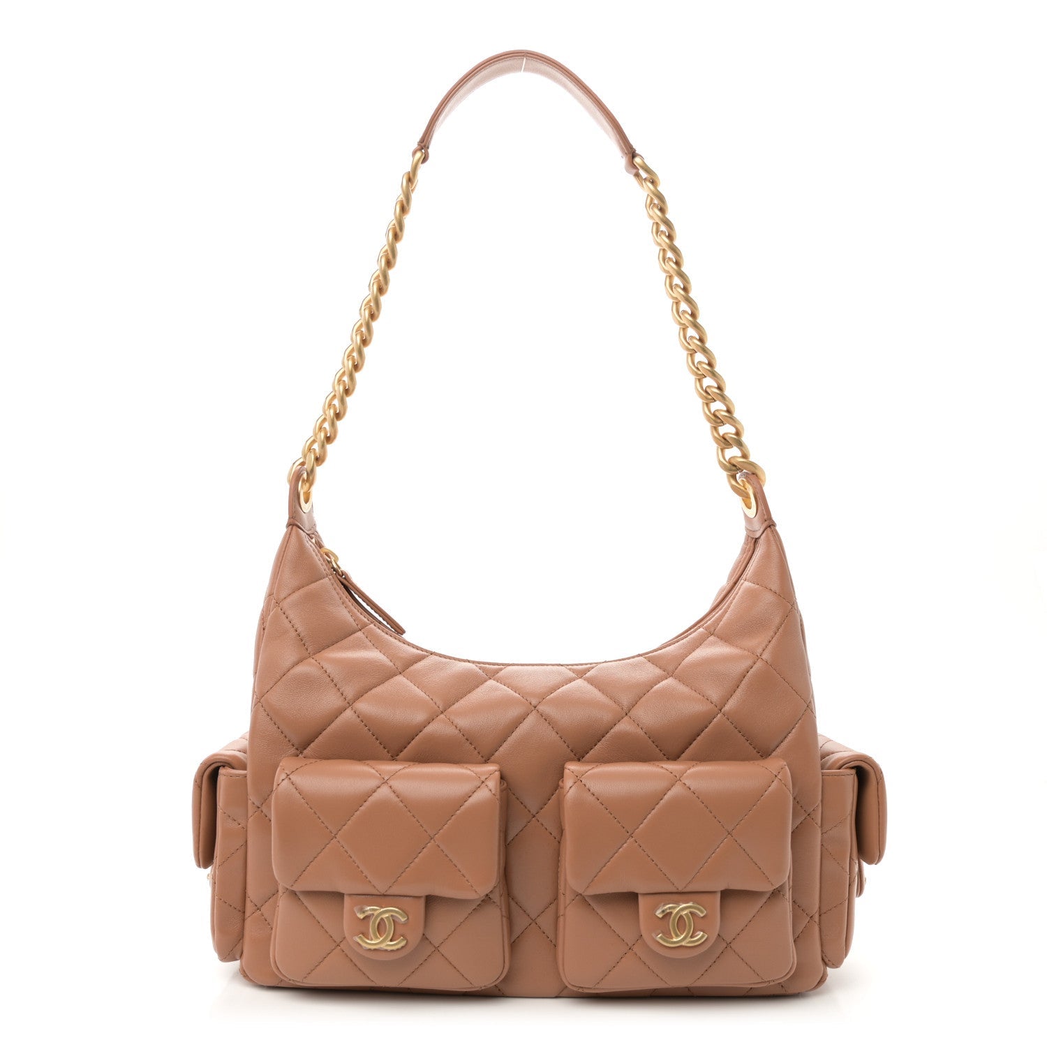 Chanel Shiny Lambskin Quilted Trendy Pockets Hobo Brown