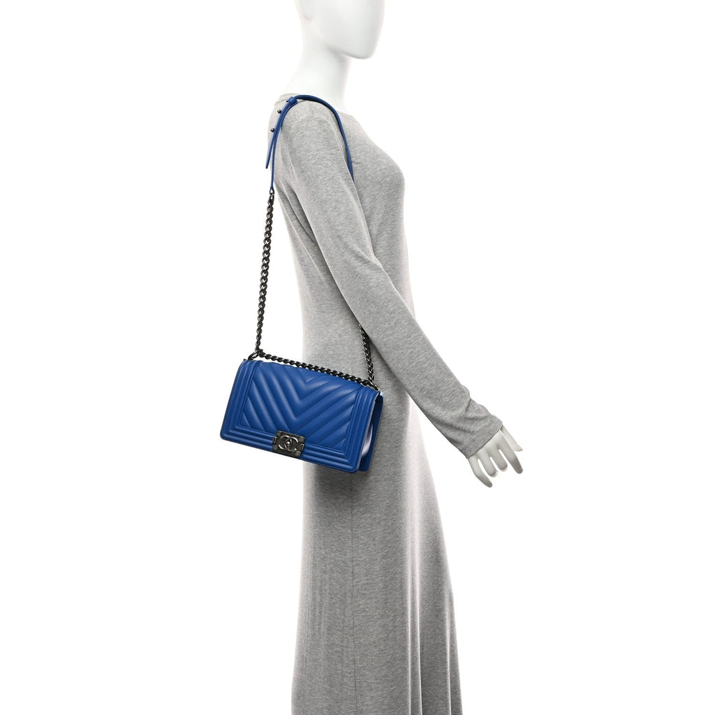 Chanel Lambskin Chevron Quilted Medium Boy Flap Blue
