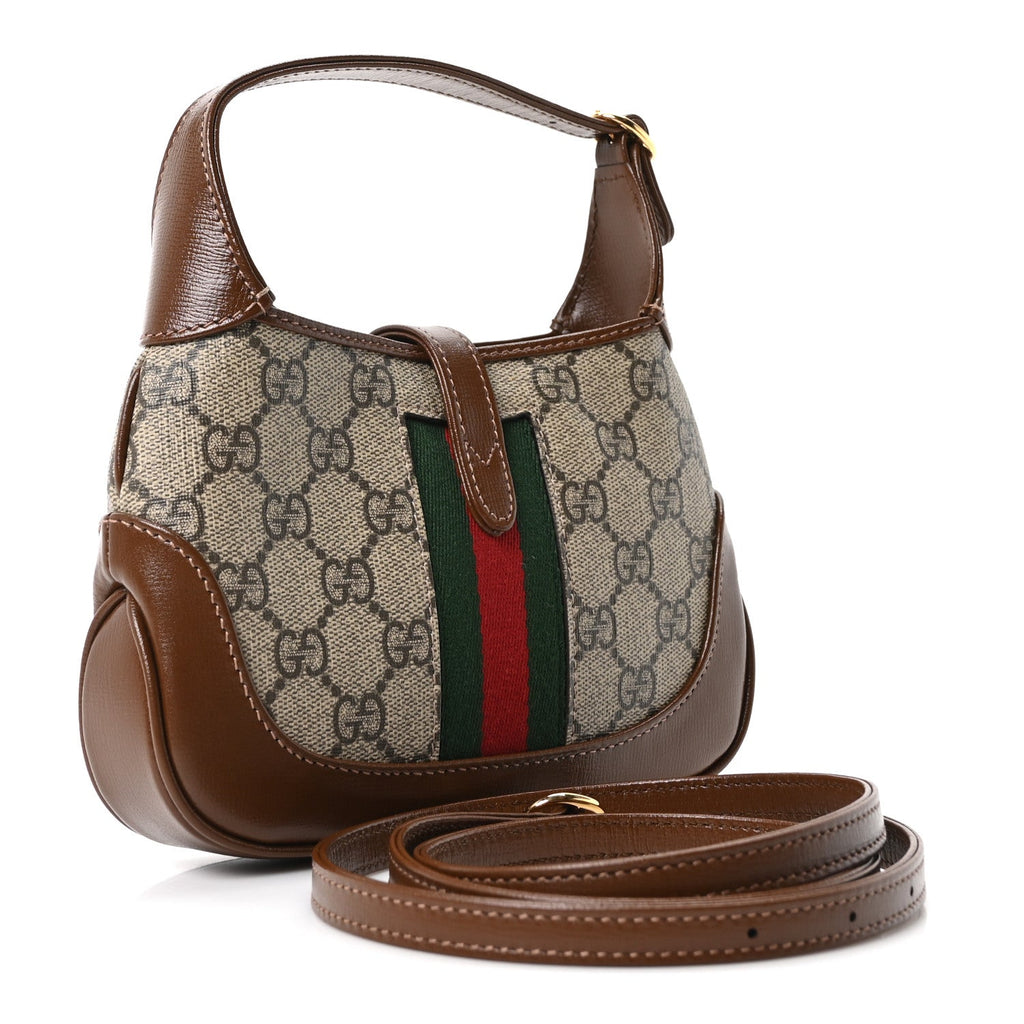 Gucci GG Supreme Monogram Azalea Calfskin Web Mini Jackie 1961 Hobo Beige Ebony Brown Sugar