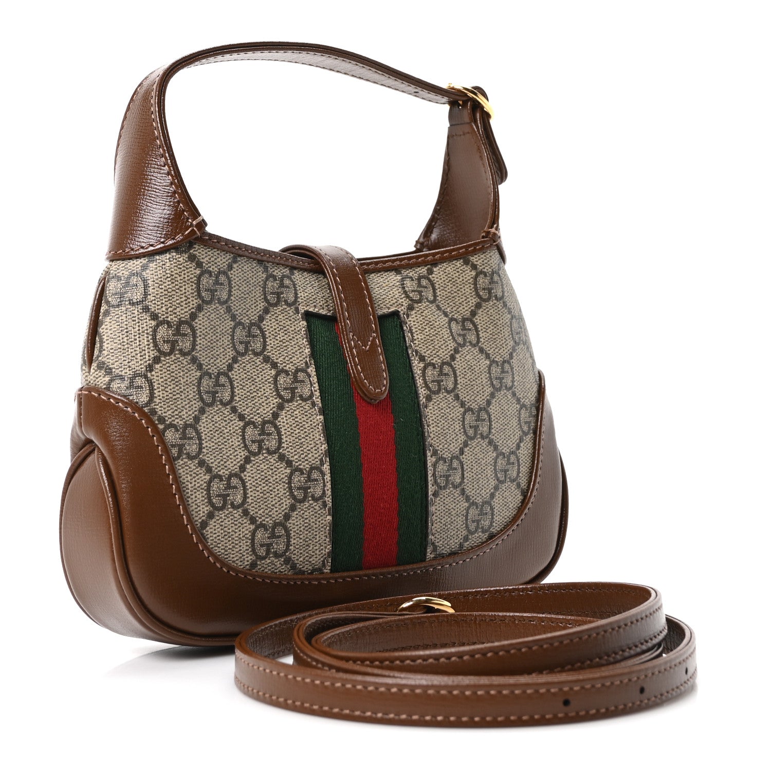 Gucci GG Supreme Monogram Azalea Calfskin Web Mini Jackie 1961 Hobo Beige Ebony Brown Sugar