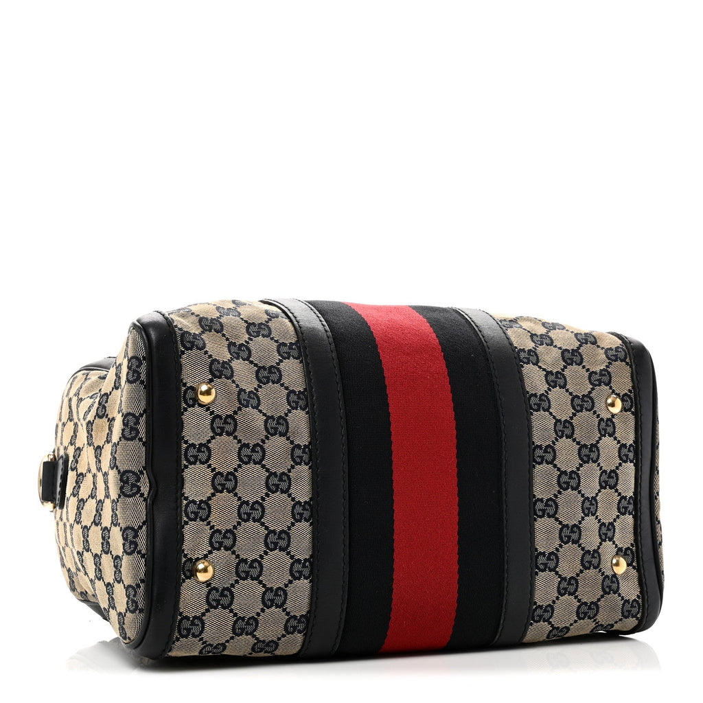 Gucci Monogram Selleria Calfskin Vintage Web Medium Boston Beige Blue