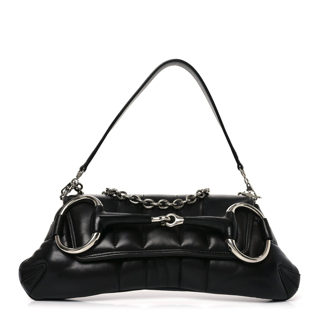 Gucci Nappa Vertical Matelasse Medium Maxi Horsebit Chain Shoulder Bag Black