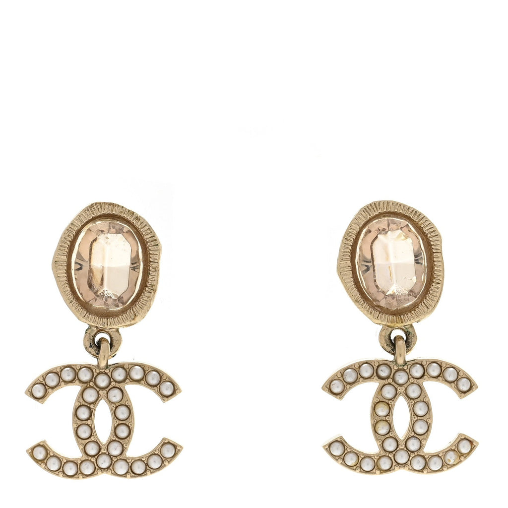 Crystal Pearl CC Drop Earrings Pink Gold