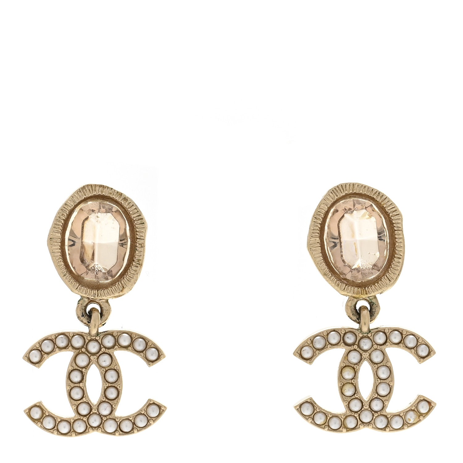 Crystal Pearl CC Drop Earrings Pink Gold