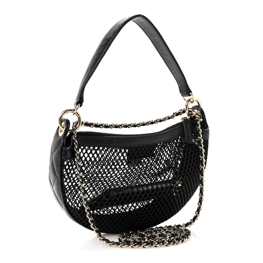 Chanel Mesh Shiny Lambskin Chain Hobo Black