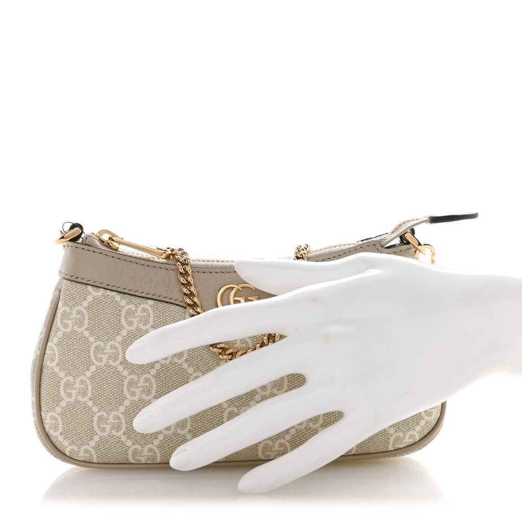 Gucci GG Supreme Monogram Textured Dollar Calfskin Web Mini Ophidia GG Handbag Beige Mystic White Oatmeal
