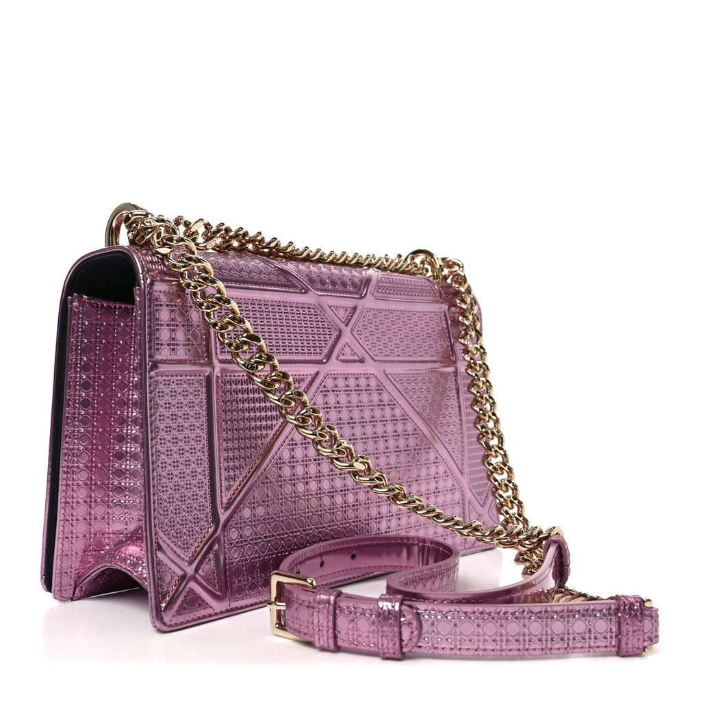 Christian Dior Metallic Patent Micro-Cannage Medium Diorama Flap Bag Pink