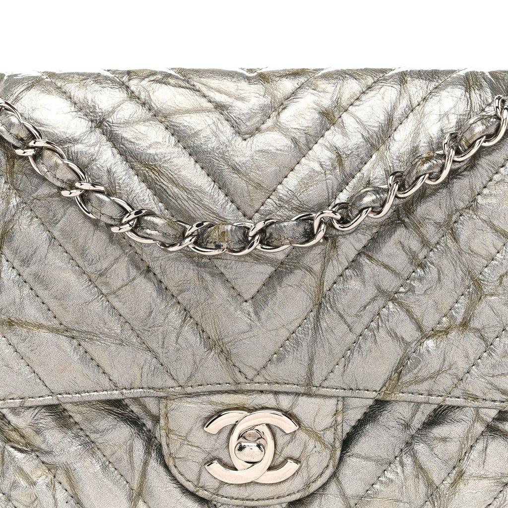 Chanel Metallic Patent Crumpled Calfskin Chevron Quilted Medium Double Flap Silver