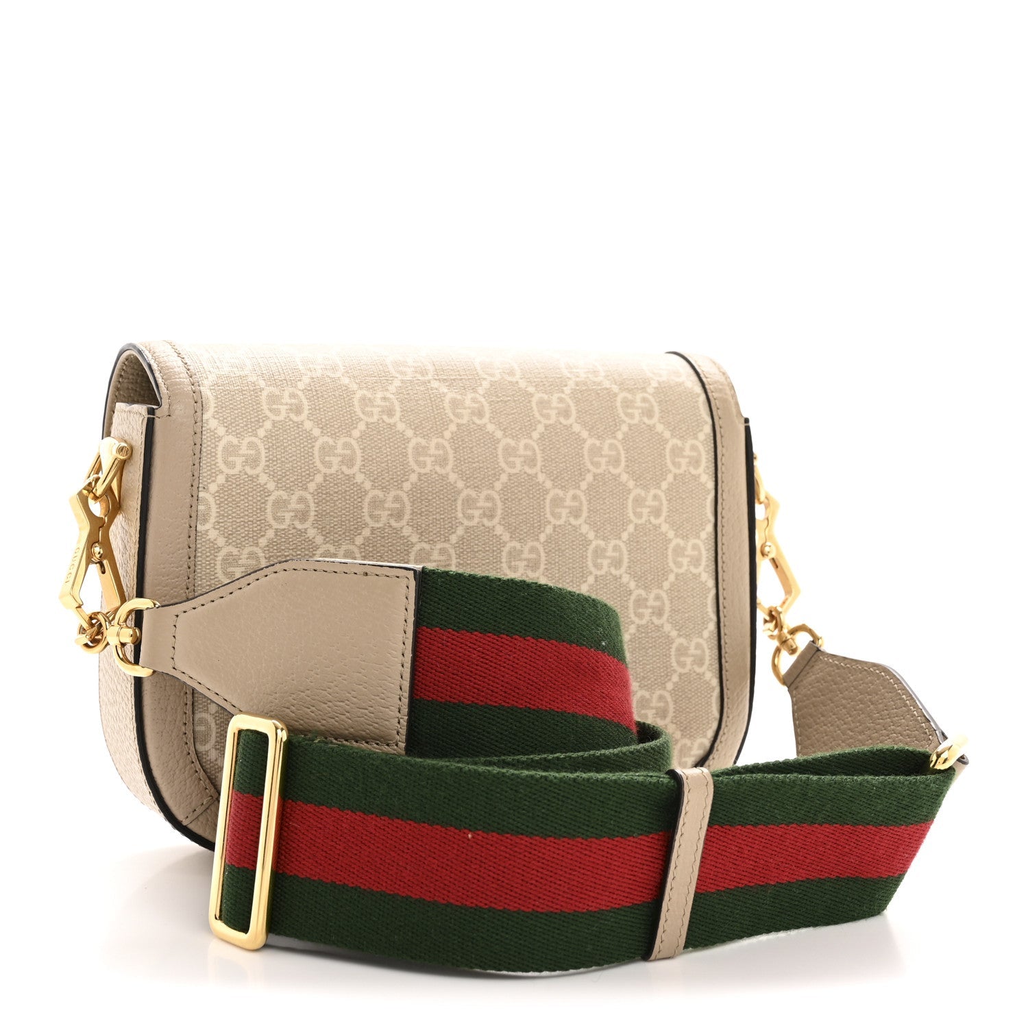Gucci GG Supreme Monogram Textured Dollar Calfskin Web Mini Horsebit 1955 Shoulder Bag Beige Mystic White Oatmeal