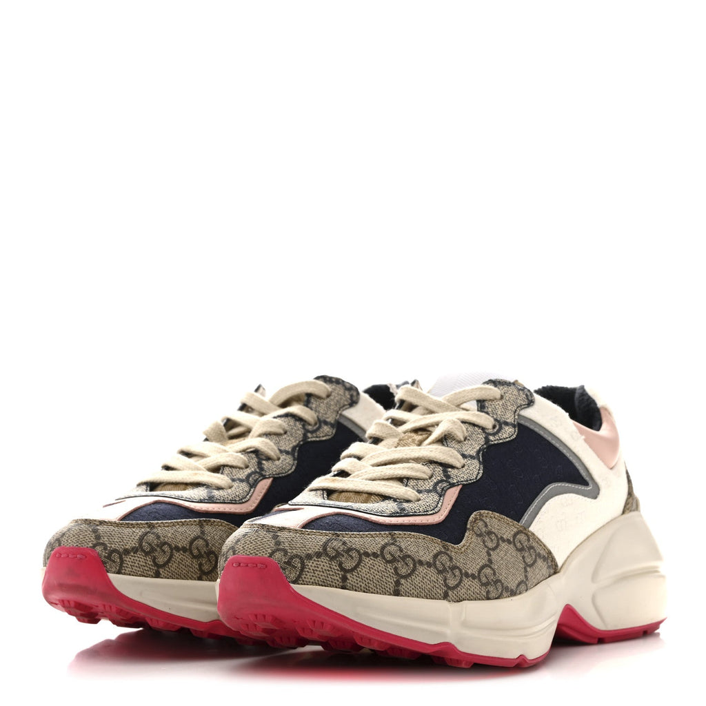 Gucci GG Supreme Monogram Mix Monogram Womens Rhyton Sneakers 37.5 London Blue Beige Pale Pink