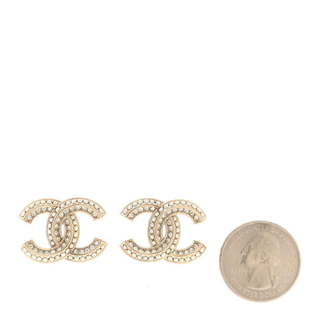 Crystal Pearl Chain Mania CC Earrings Gold