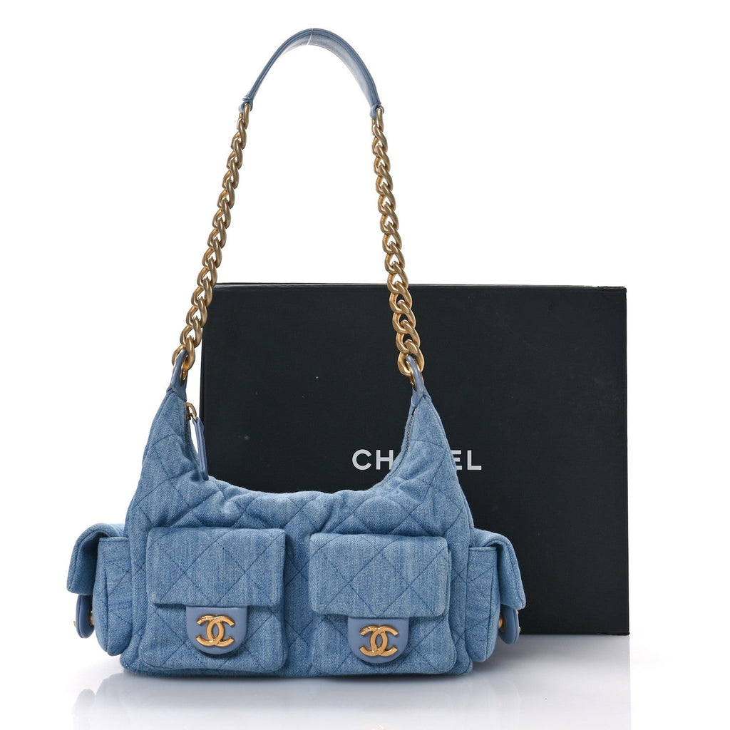 Chanel Washed Denim Quilted Cargo Large Hobo Light Blue