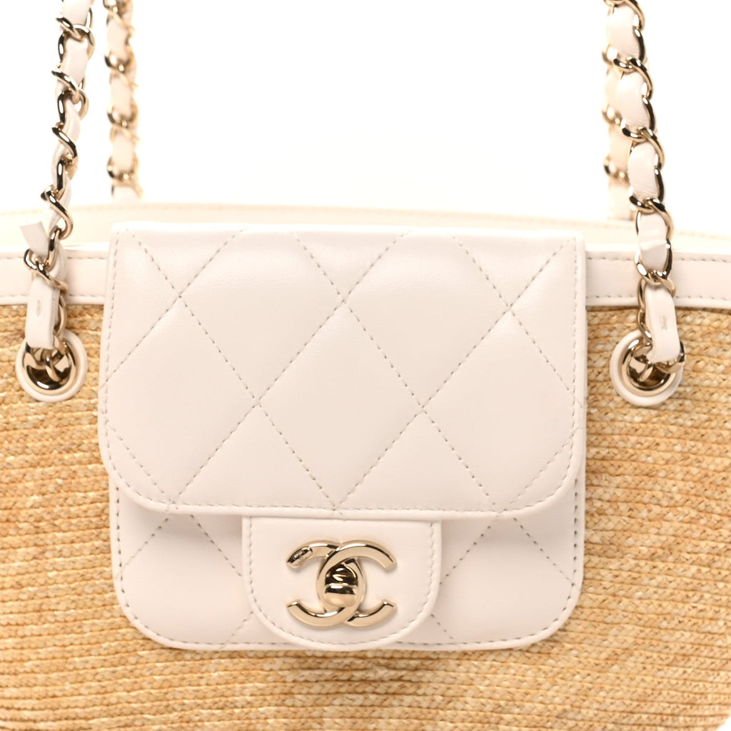 Chanel Raffia Braided Lambskin Small Shopping Tote Beige White