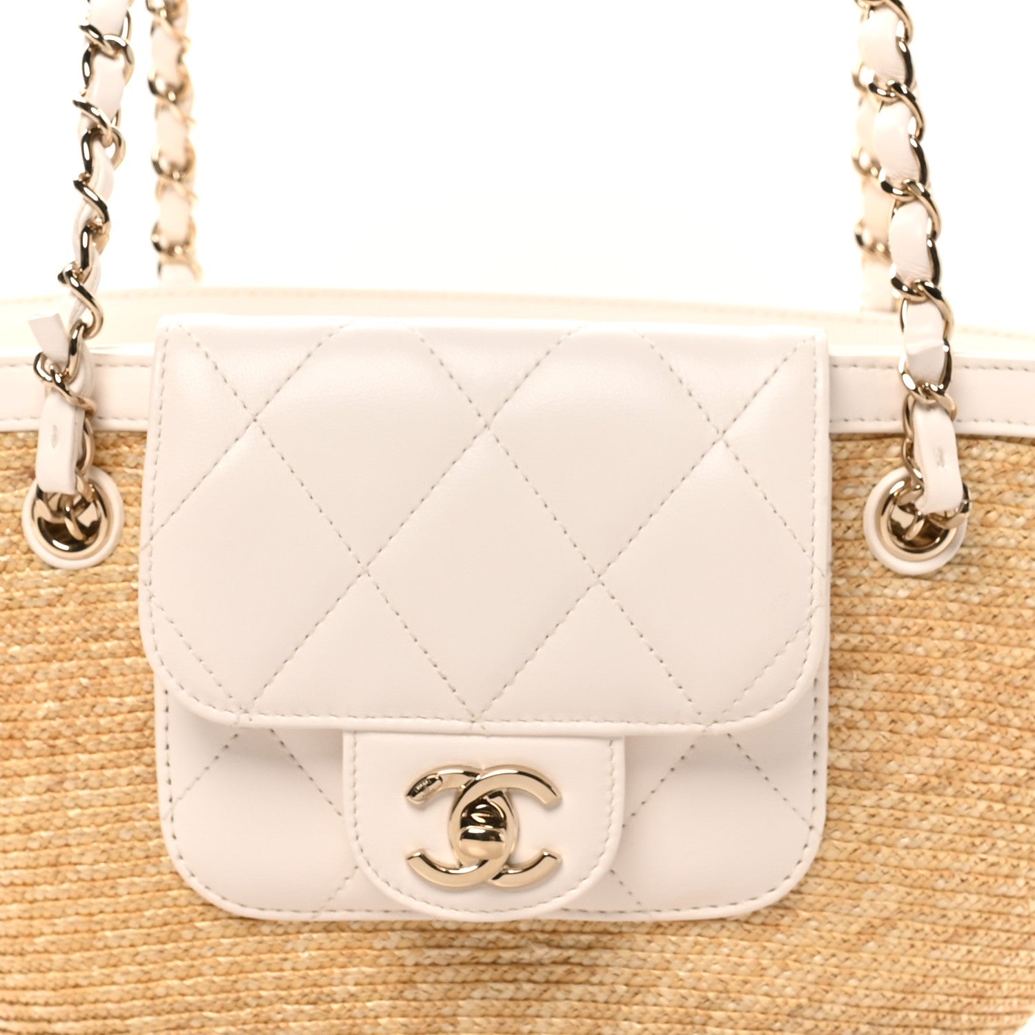 Chanel Raffia Braided Lambskin Small Shopping Tote Beige White