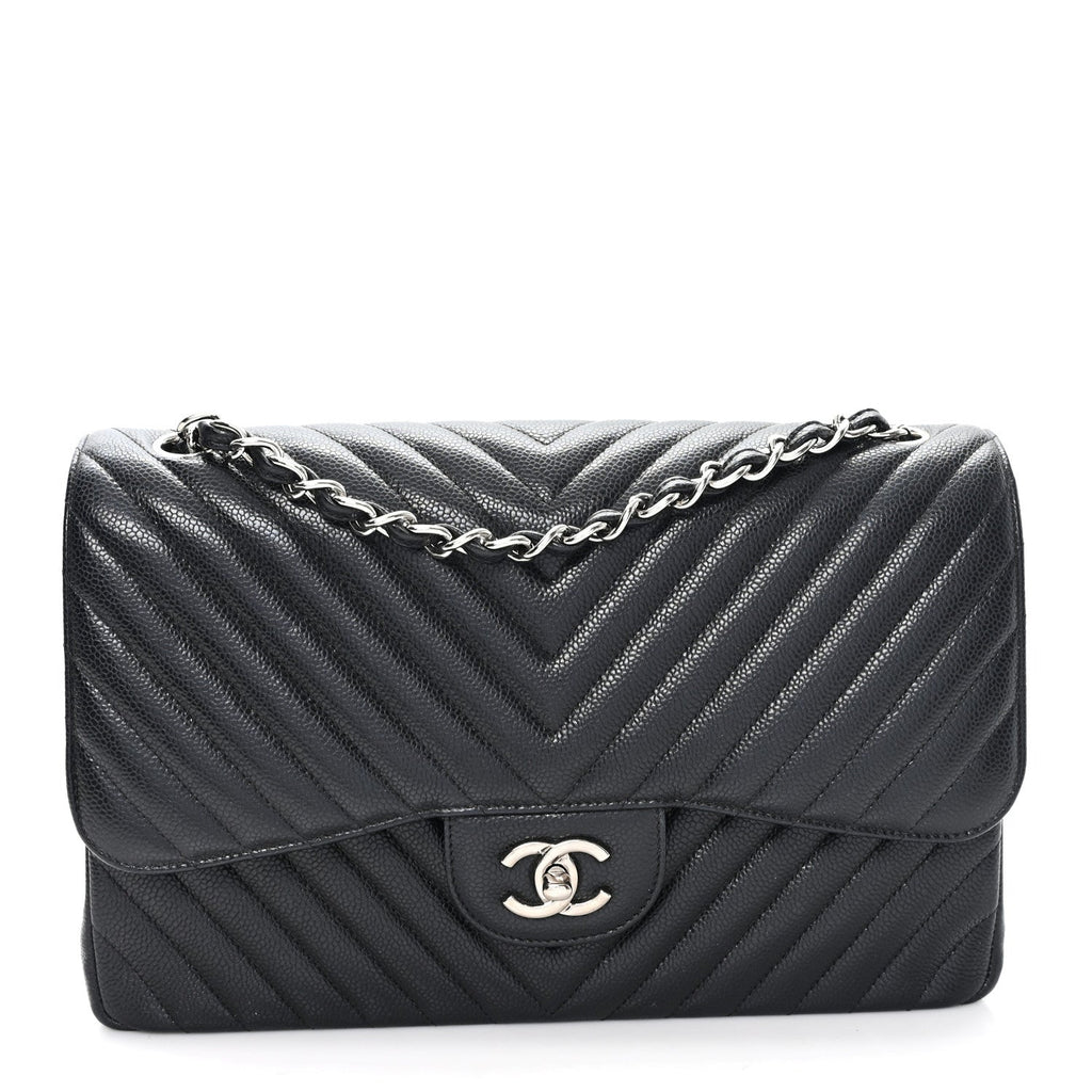 Chanel Caviar Chevron Quilted Jumbo Double Flap Black