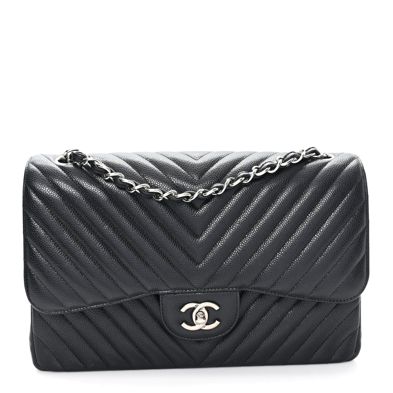 Chanel Caviar Chevron Quilted Jumbo Double Flap Black