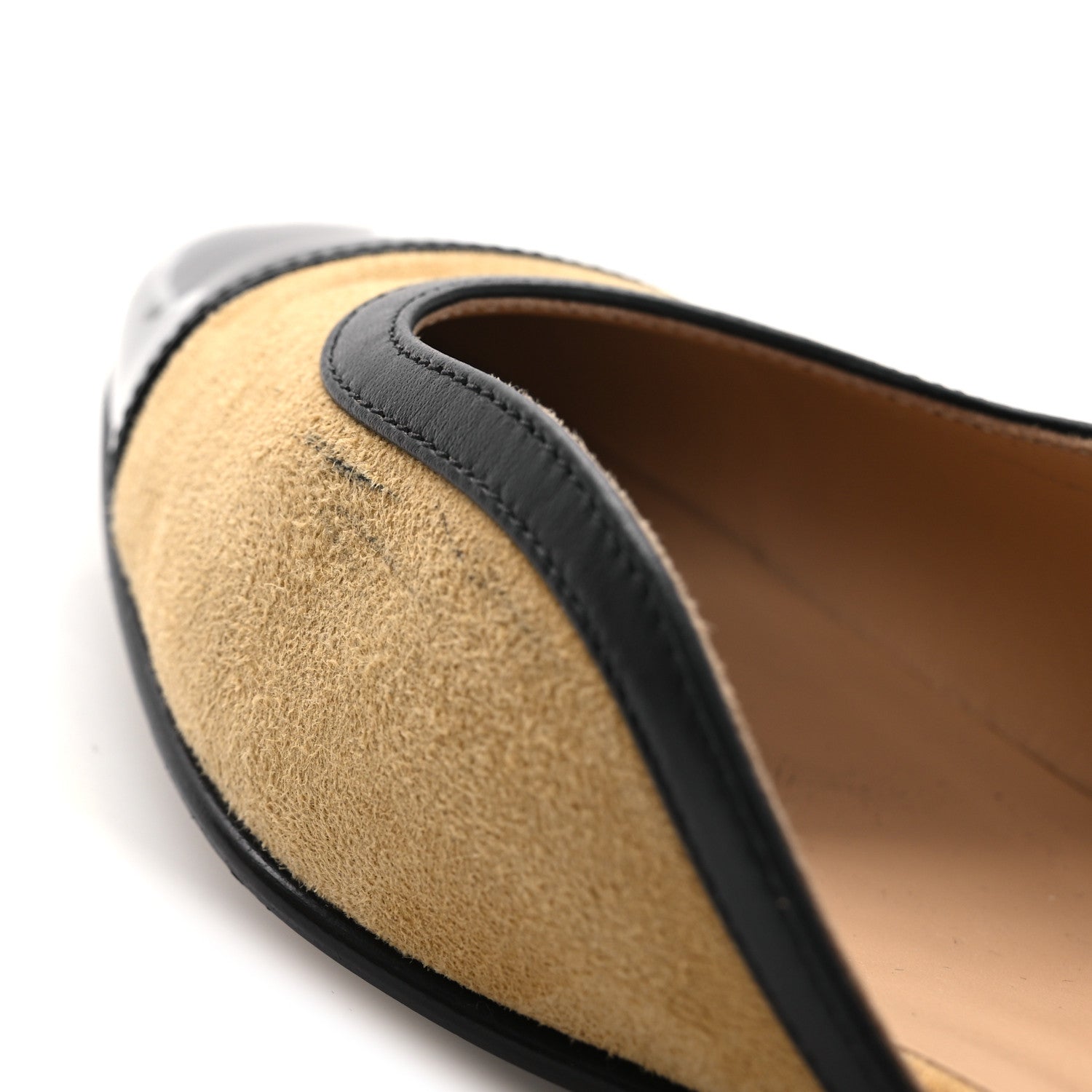 Chanel Suede Patent Crystal CC Cap Toe Slingback Flats 37 Beige Black