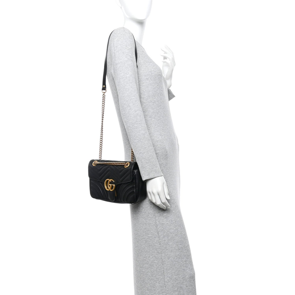 Gucci Calfskin Matelasse Small GG Marmont Shoulder Bag Black