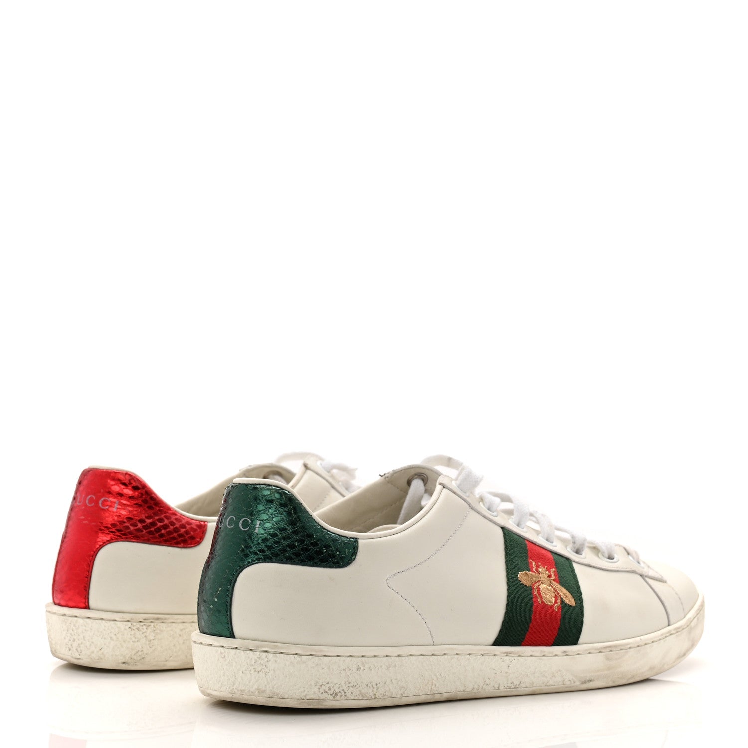 Gucci Calfskin Ayers Bee Embroidered Womens Ace Sneakers 39.5 White Green