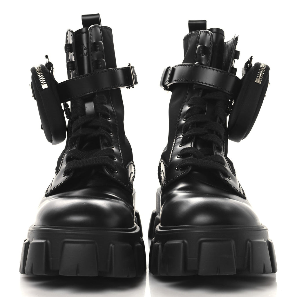 Prada Spazzolato Rois Re-Nylon Metal Triangle Logo Monolith Pouch Pocket 55mm Boots 38 Black