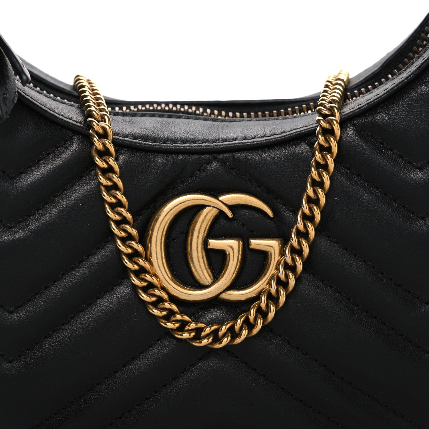 Gucci Calfskin Matelasse Chevron Mini GG Marmont Half Moon Hobo Black