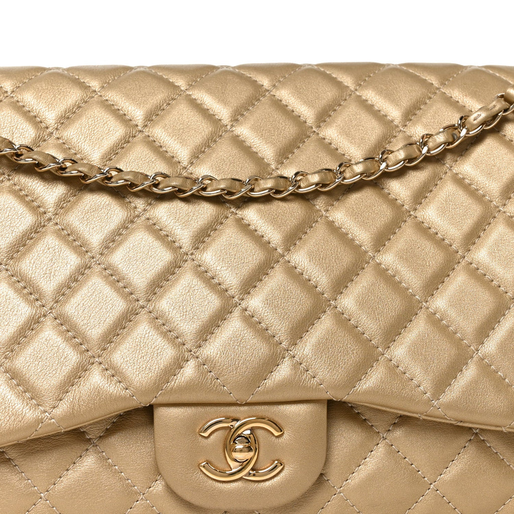 Chanel Metallic Calfskin Quilted Small XXL Travel Flap Bag Gold