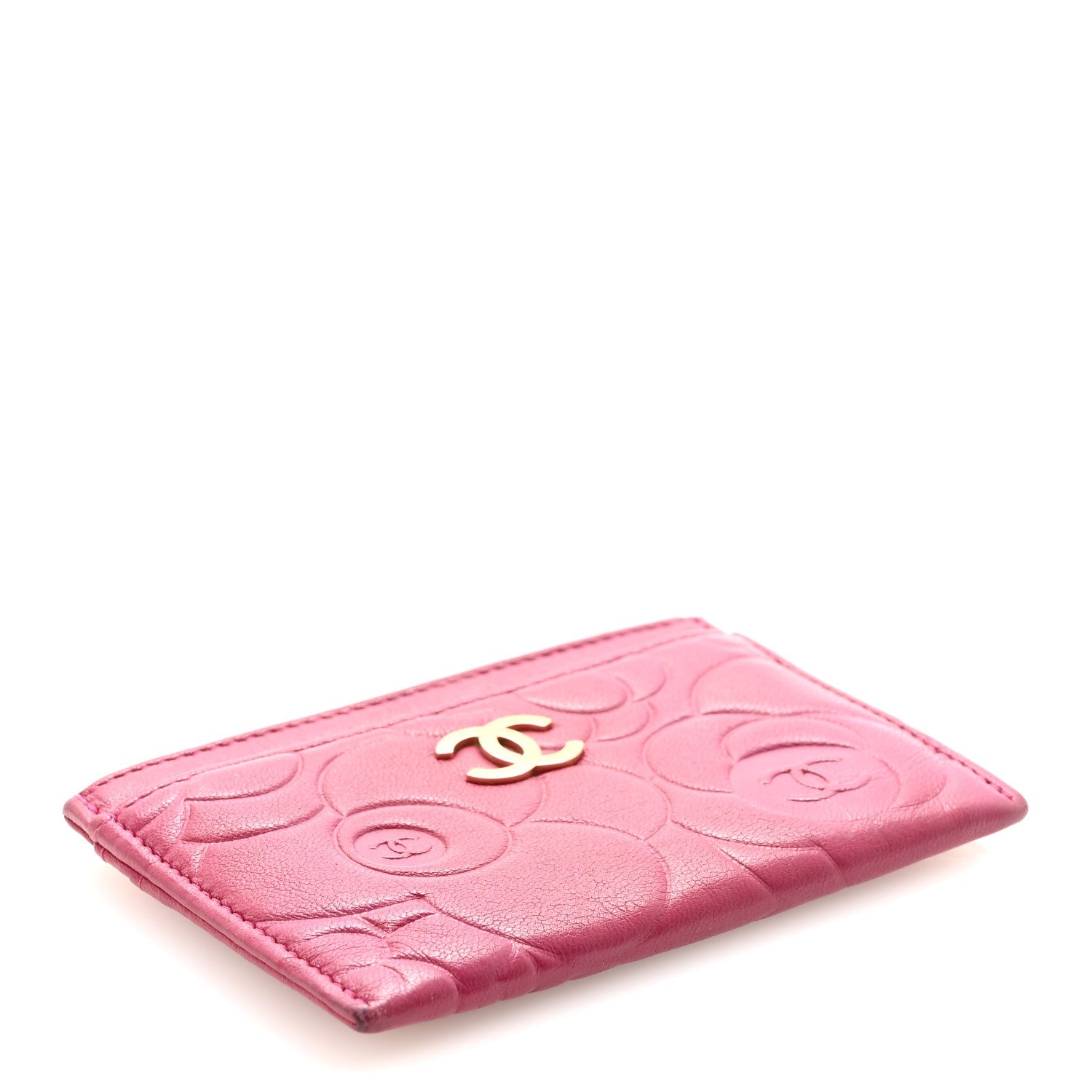 Lambskin Camellia Embossed Card Holder Fuchsia