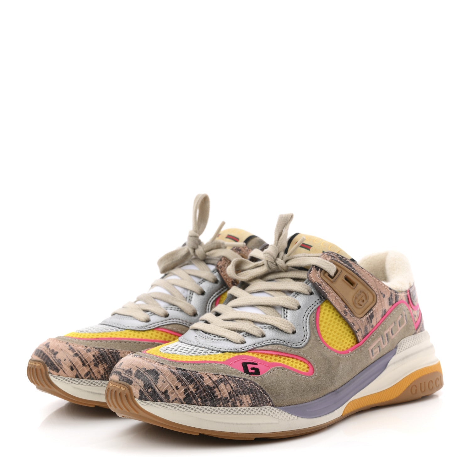 Gucci Suede Calfskin Tejus Printed Womens Ultrapace Sneakers 37.5 Pink Silver Oatmeal Yolk