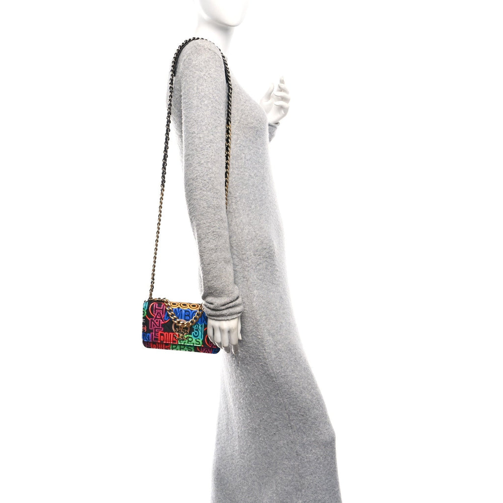 Chanel Fabric Printed Chanel 19 Wallet On Chain WOC Black Multicolor