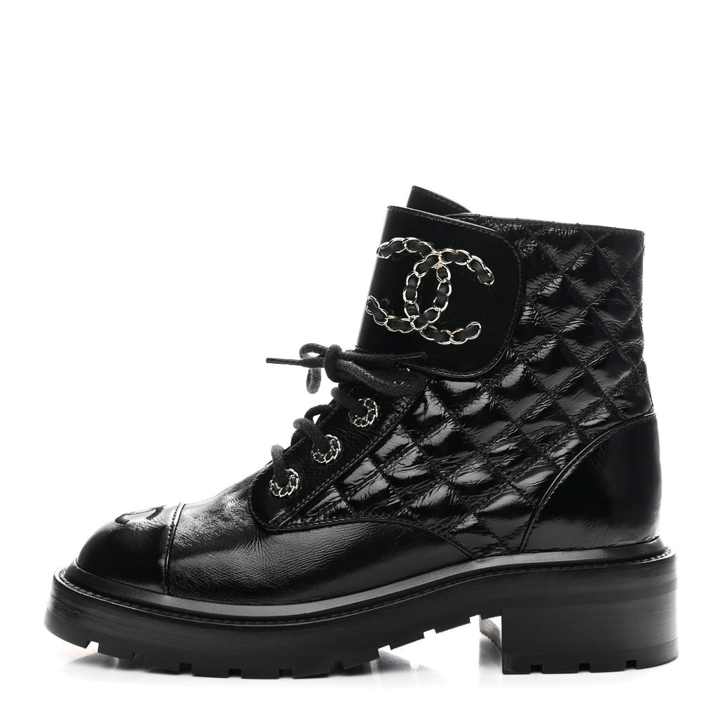 Chanel Shiny Calfskin Quilted Lace Up Combat Boots 36.5 Black
