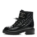 Chanel Shiny Calfskin Quilted Lace Up Combat Boots 36.5 Black