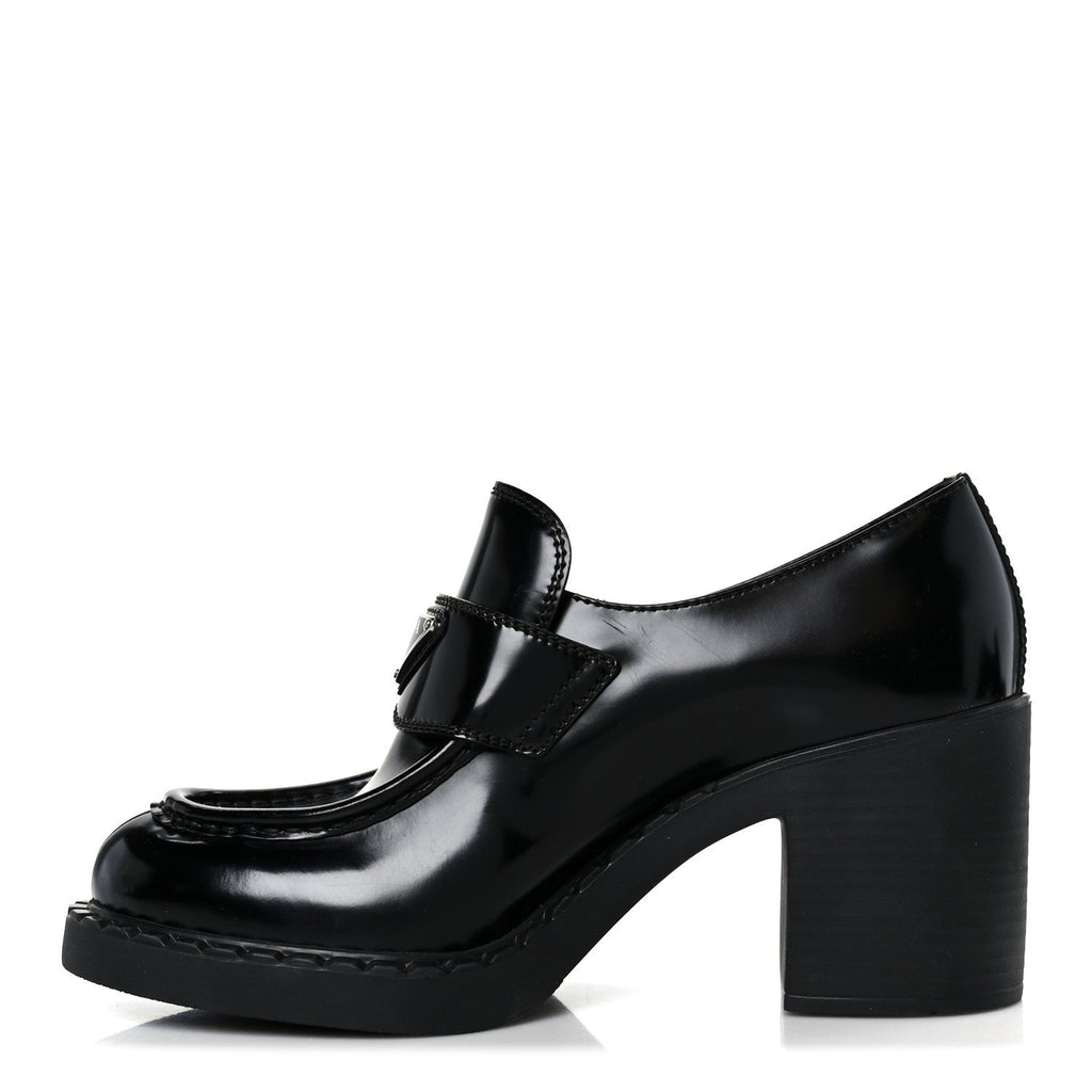 Prada Spazzolato Metal Triangle Logo 85mm Loafers 40 Black