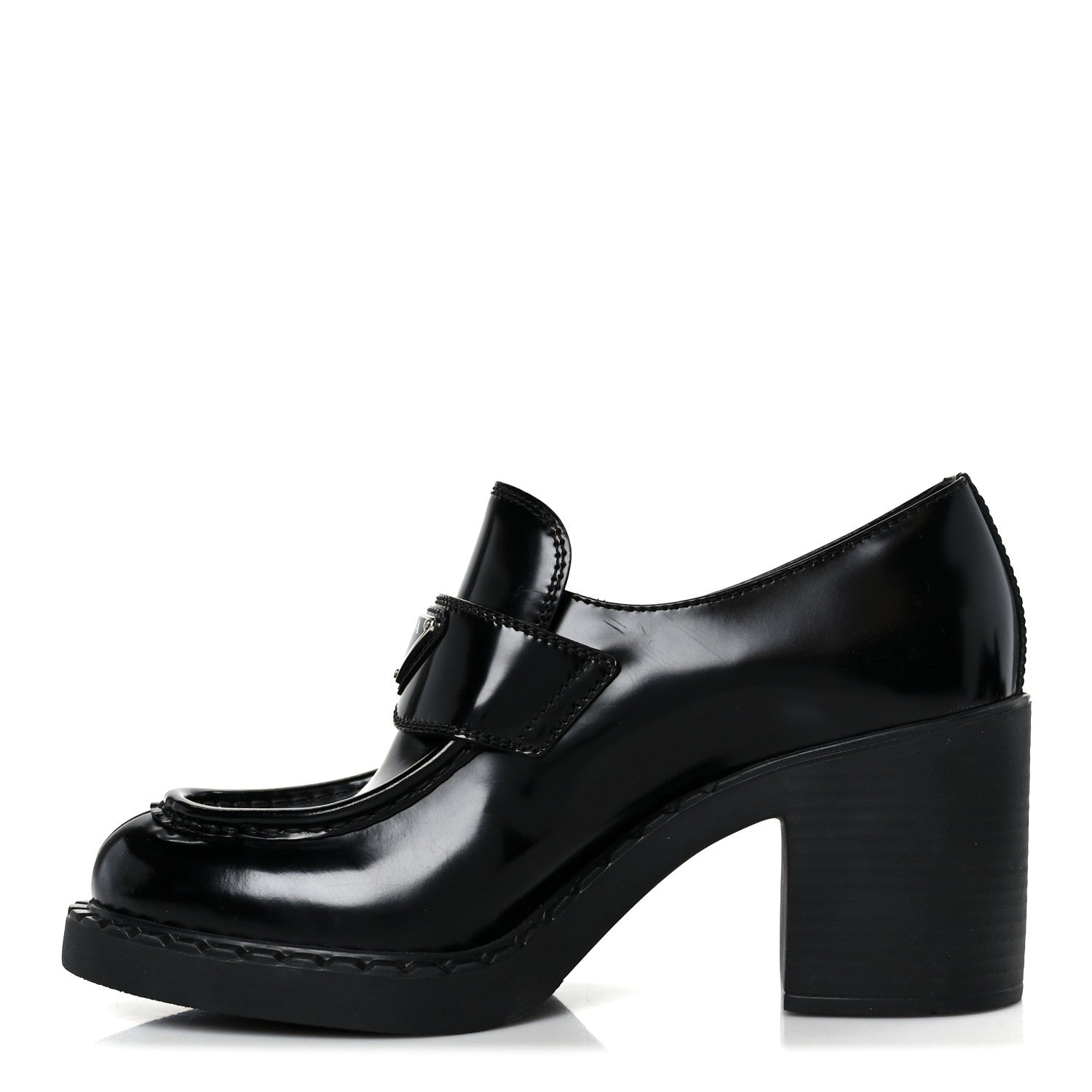 Prada Spazzolato Metal Triangle Logo 85mm Loafers 40 Black