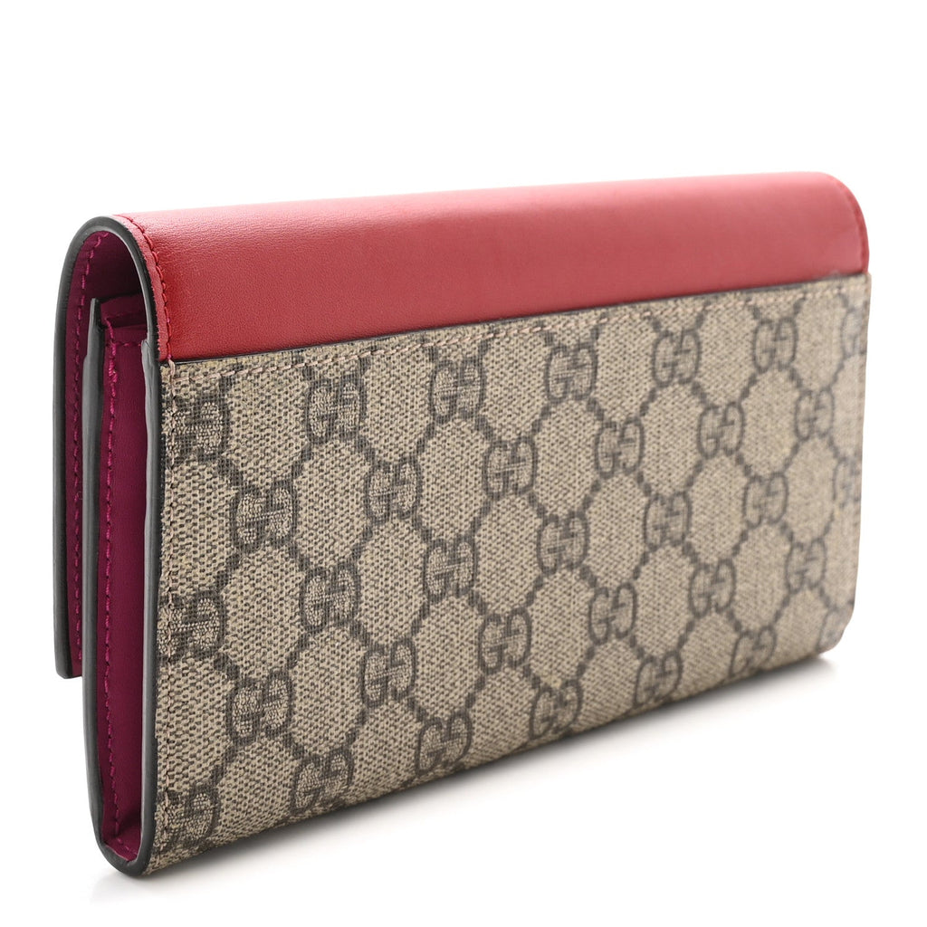 Gucci GG Supreme Monogram Calfskin Continental Wallet Beige Ebony Hibiscus Red New Rosette