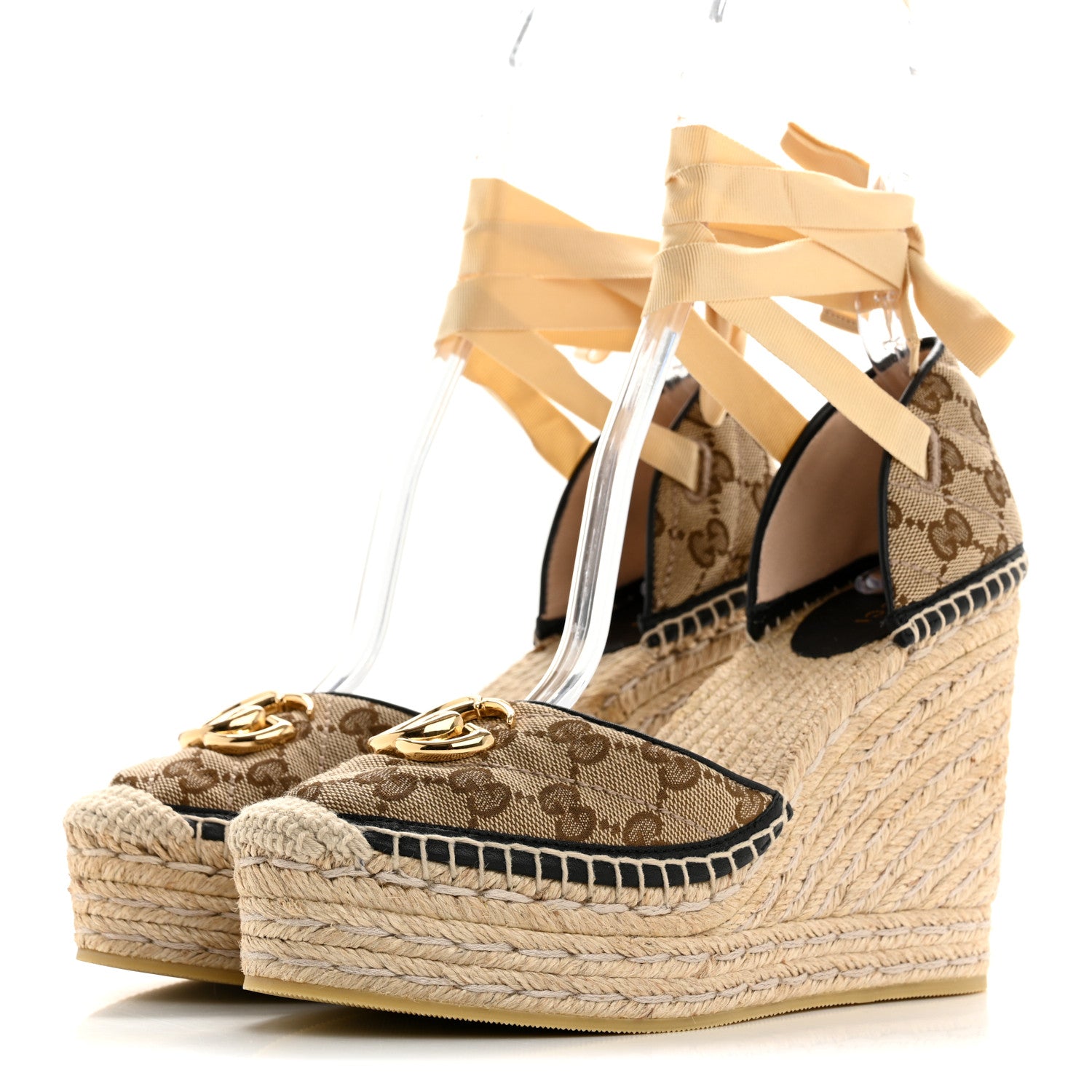 Gucci Monogram Matelasse GG Marmont Ankle Wrap Platform 35/120mm Espadrille Wedges 39.5 Beige Ebony Black Sand Storm