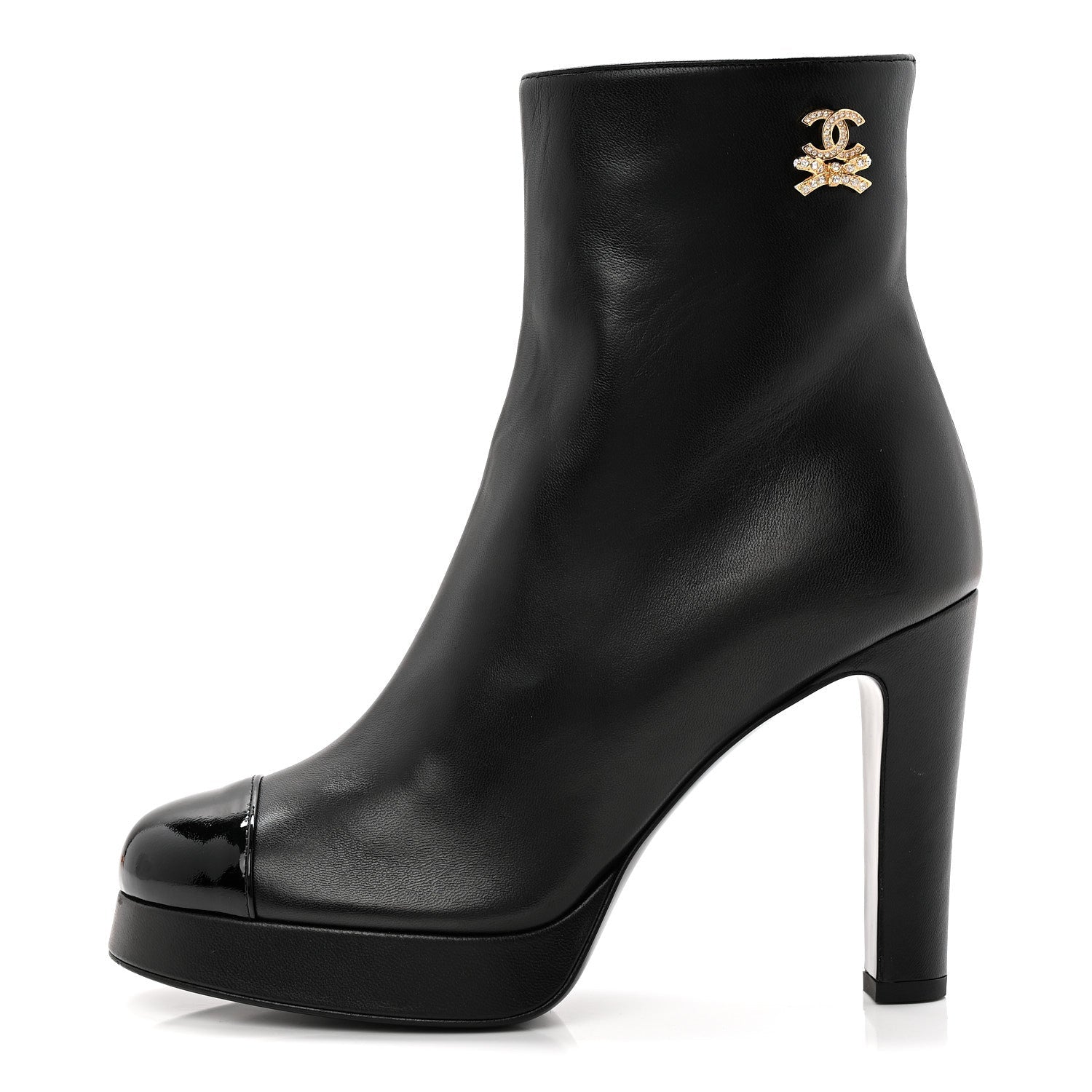 Lambskin Patent CC Crystal Bow Cap Toe Short Boots 37 Black
