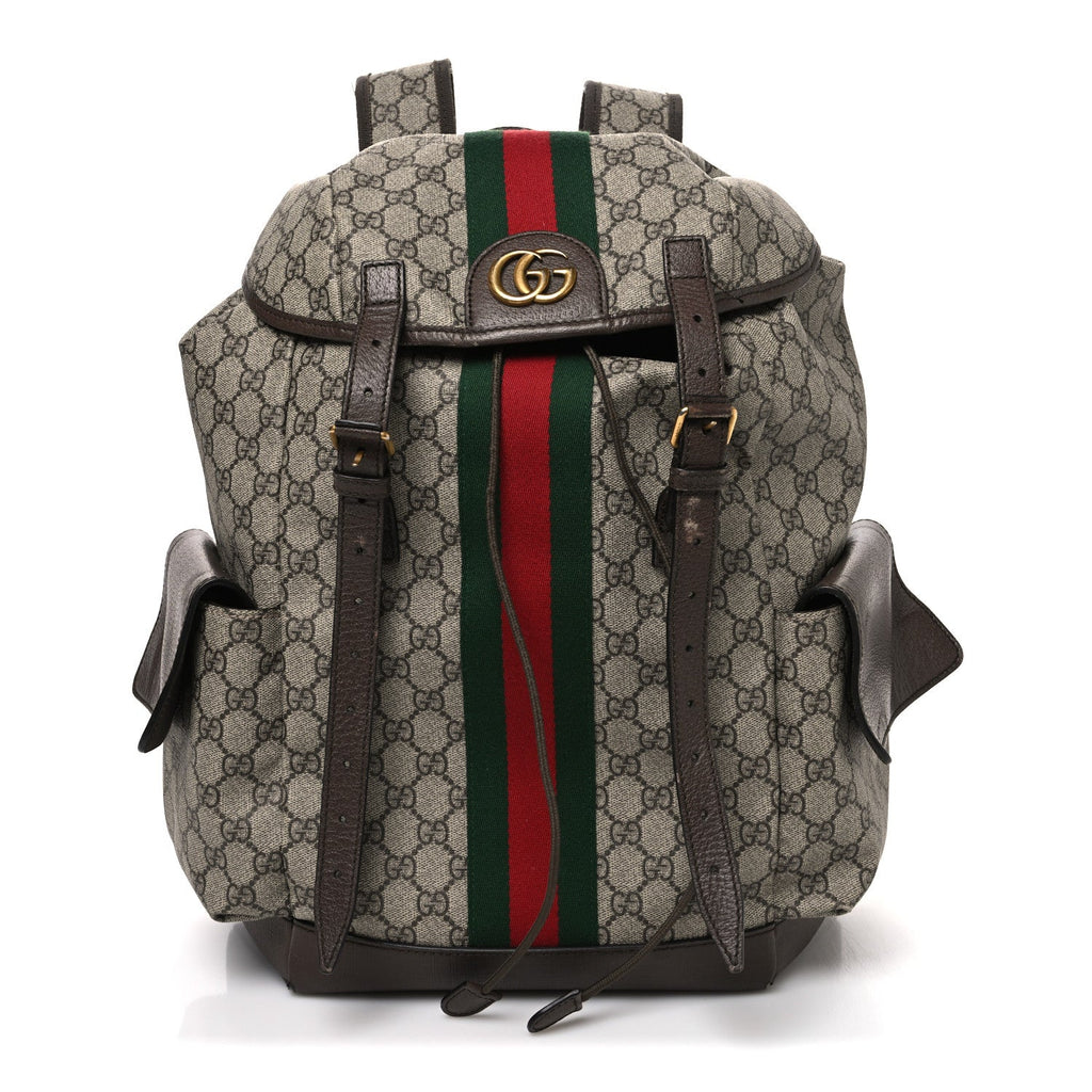 Gucci GG Supreme Monogram Medium Ophidia Double Buckle Backpack Brown