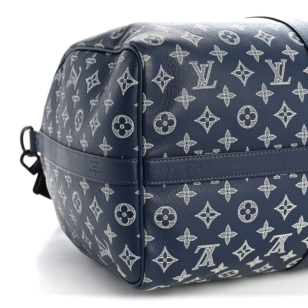 Louis Vuitton Calfskin Shadow Monogram Keepall Bandouliere 50 Ink Blue White
