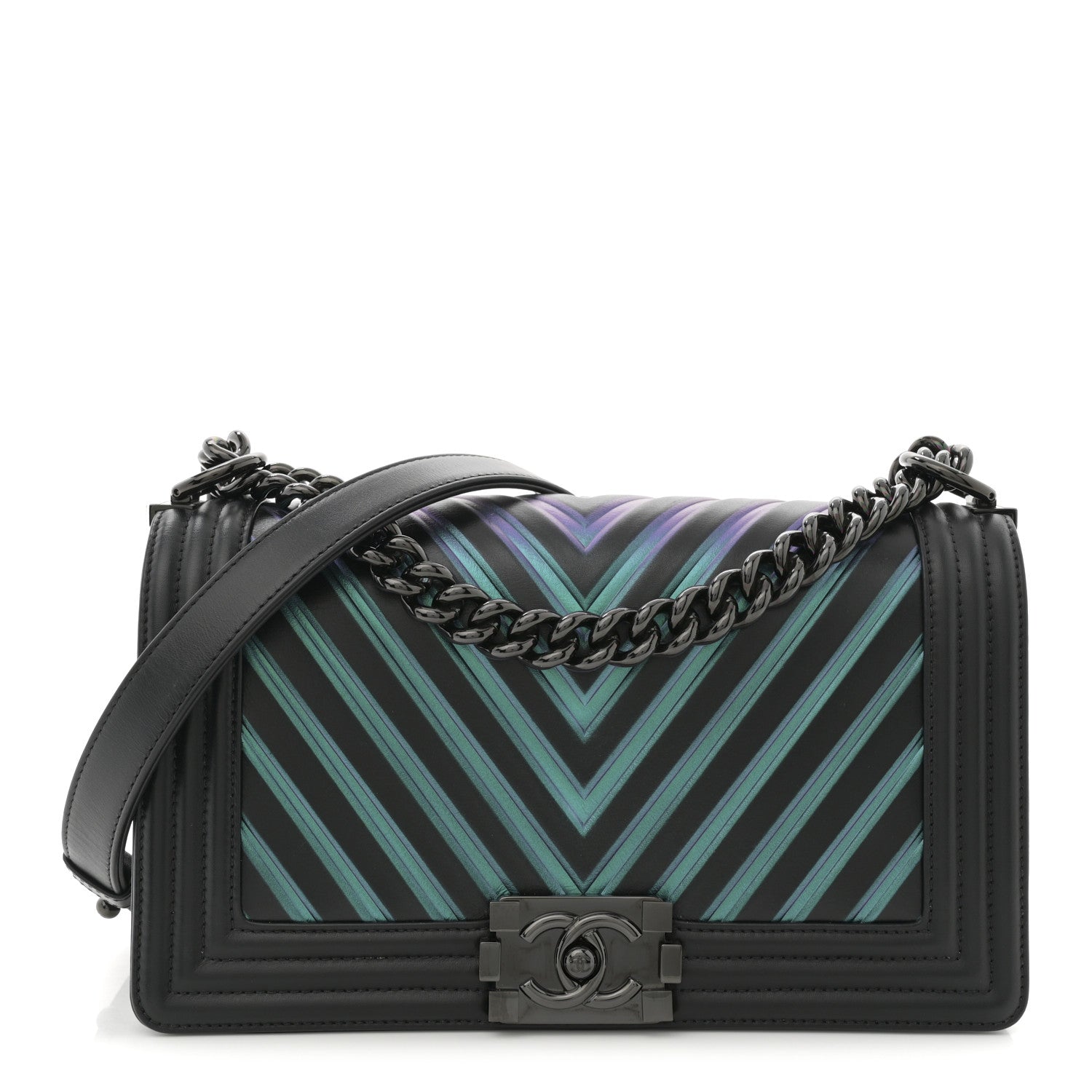 Chanel Calfskin Painted Chevron Embossed Medium Boy Flap Black