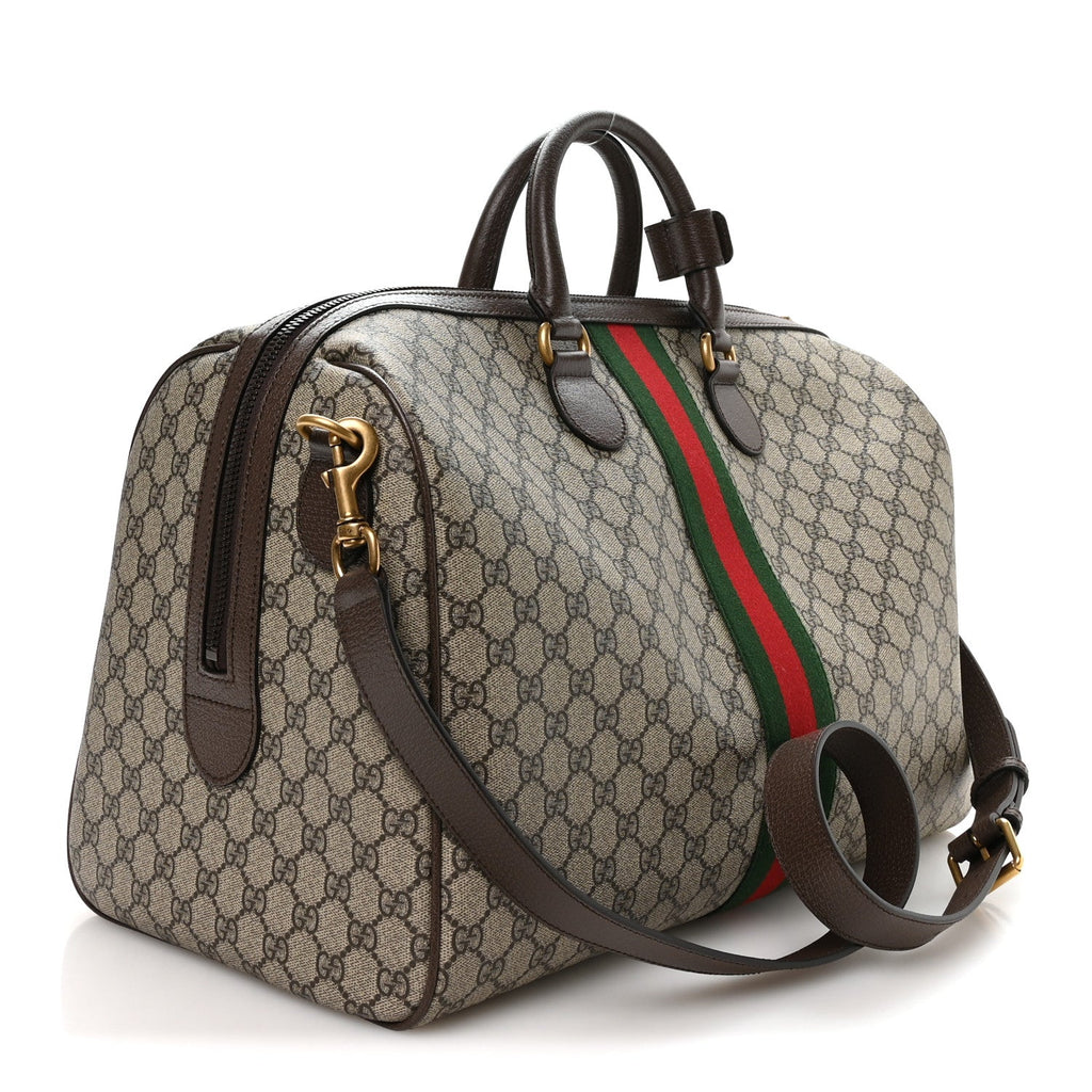 Gucci GG Supreme Monogram Textured Dollar Calfskin Web Medium Savoy Duffle Bag Beige Dark Brown