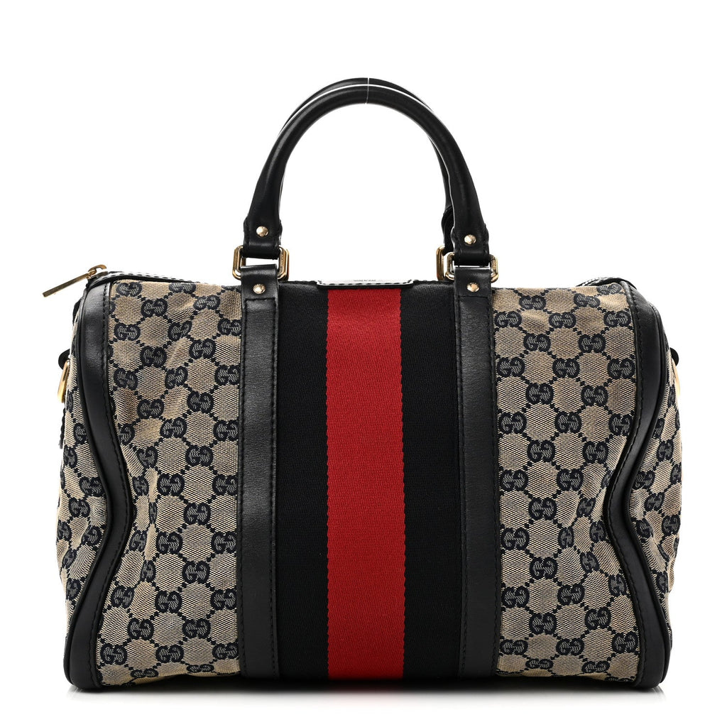 Gucci Monogram Selleria Calfskin Vintage Web Medium Boston Beige Blue