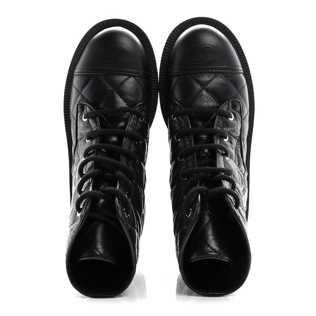 Crumpled Lambskin Quilted Platform Lace Up Combat Boots 39 Black