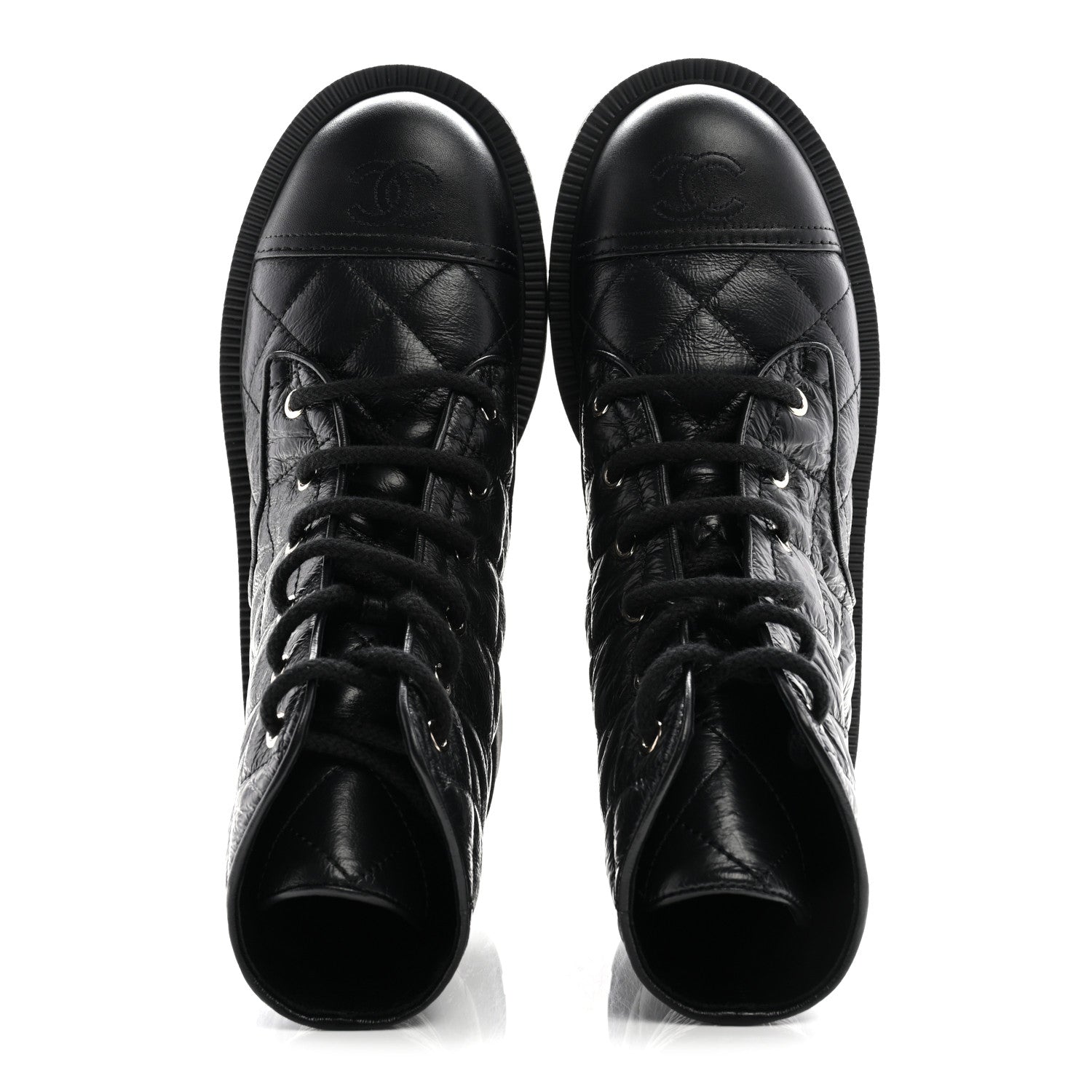 Crumpled Lambskin Quilted Platform Lace Up Combat Boots 39 Black