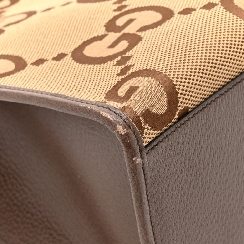 Gucci Monogram Jumbo GG Textured Dollar Calfskin Web Tote Bag Camel Ebony New Acero