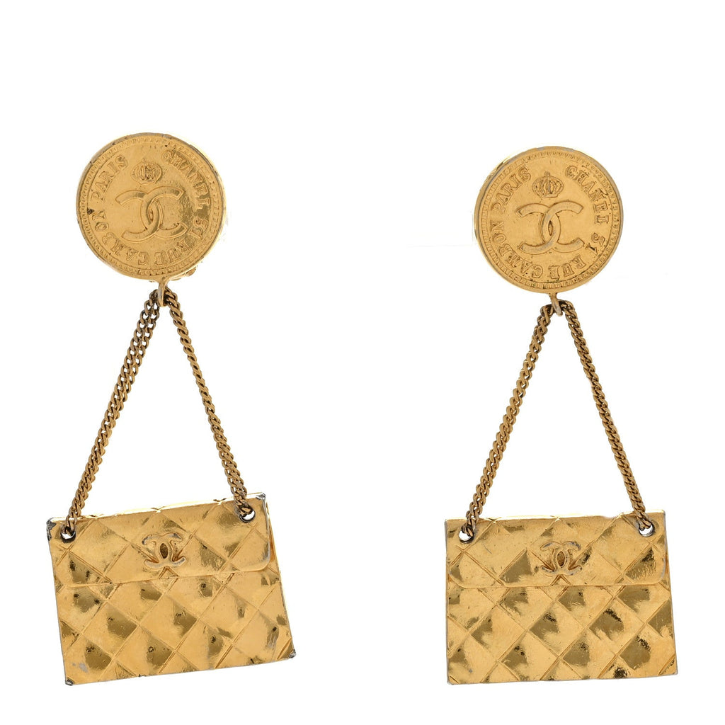 CC Quilted Flap Bag Drop Clip On Earrings Gold