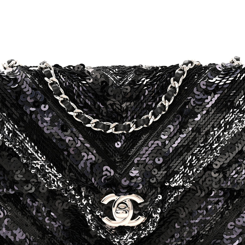 Chanel Sequins Chevron Mini Rectangular Flap Black