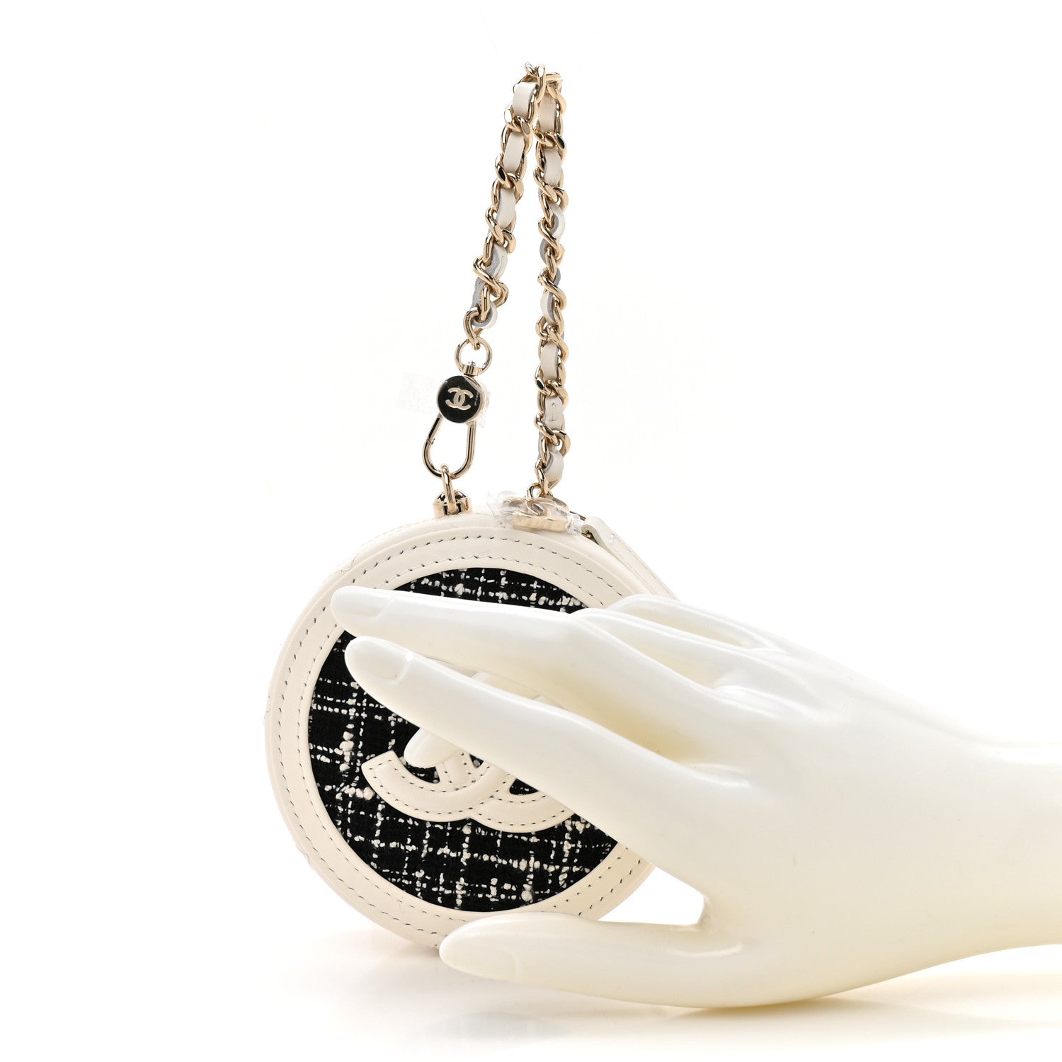 Chanel Tweed Quilted Round Filigree Pouch With Chain White Black